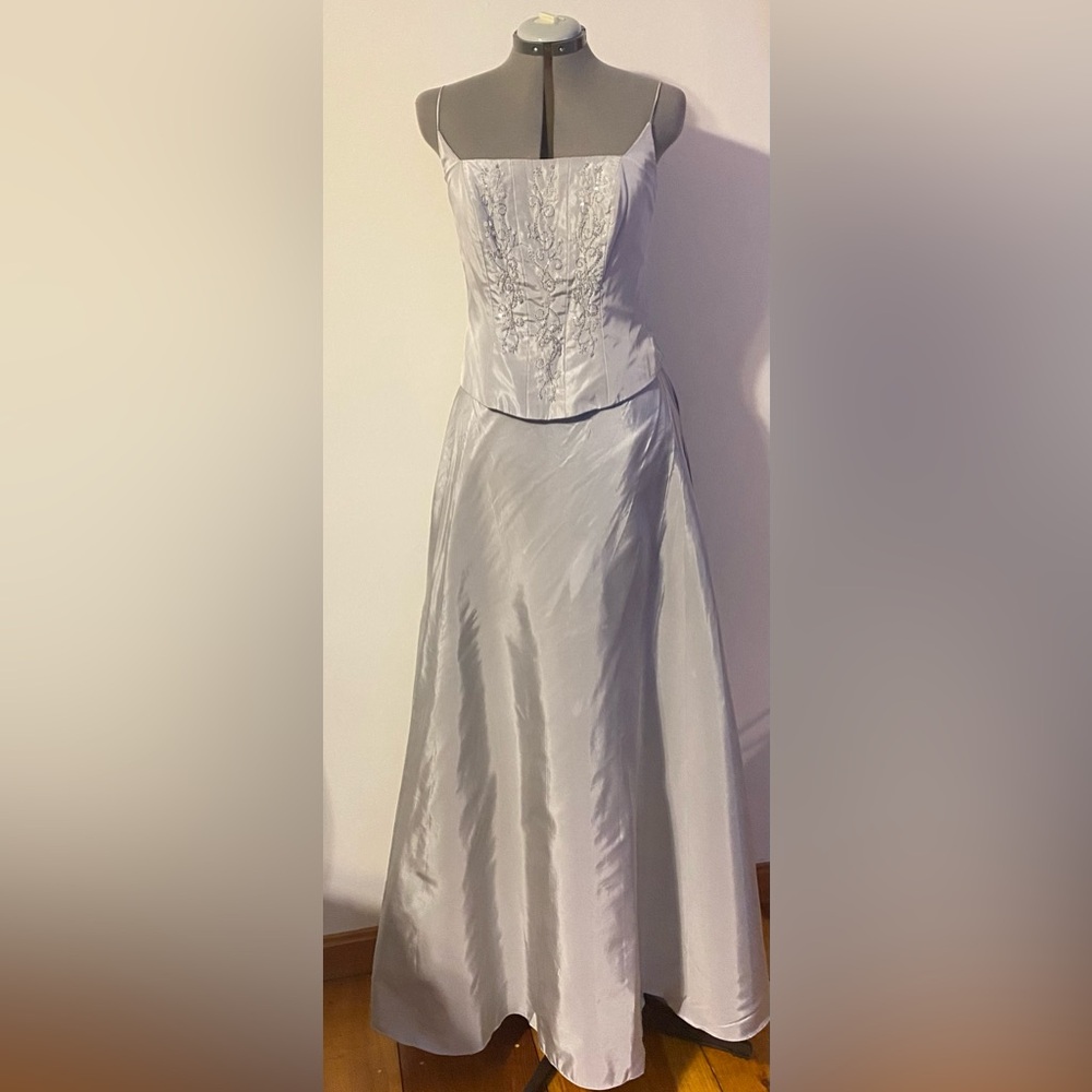 Silver 2 Piece Beaded Gown with Corset Top and Full Skirt by Mori Lee. Size 14.